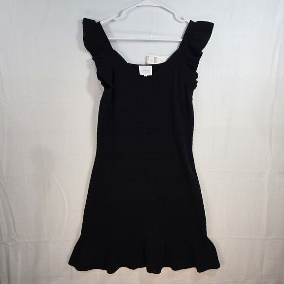 Sundays Lou Anthro Mini Sweater Dress Ruffled Sleeve Knit Crochet Black V Neck L